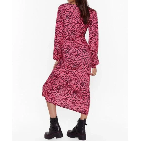 Nasty Gal Animal Instincts Leopard Print Puff Balloon Stretch Midi Dress 2 - Picture 7 of 10